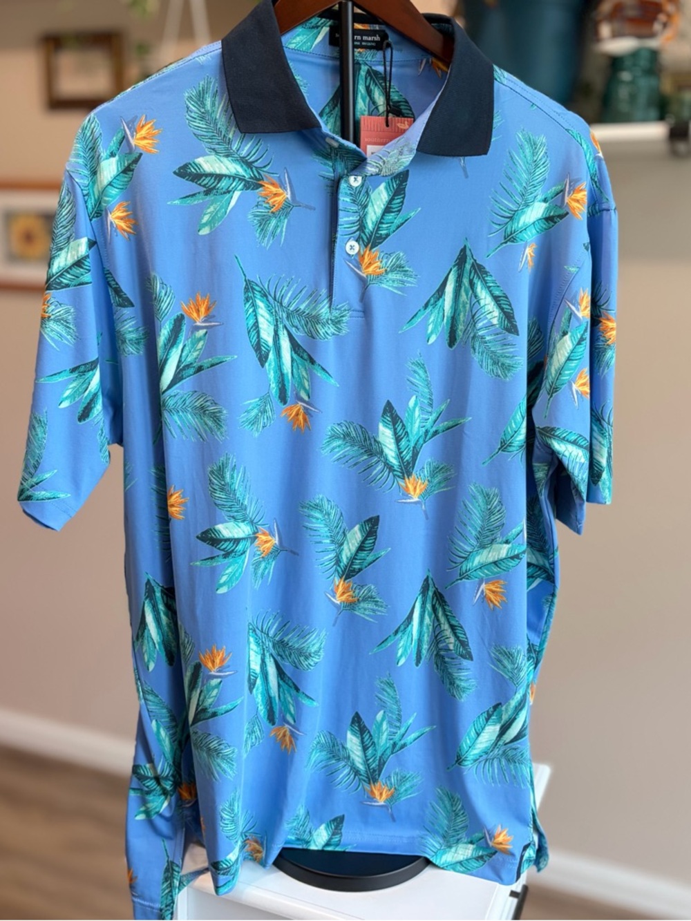 Southern Marsh Tropical Performance Polo Shirt Mens Large Blue Floral NWT
